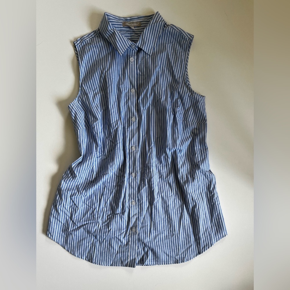 Woman Within Blue and White Striped Sleeveless Button Down Shirt